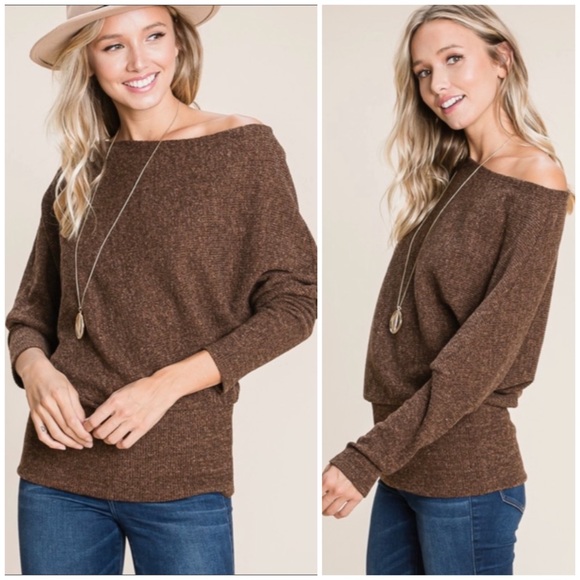 Sweaters - SOLD OUT Brown Solid Ribbed Off Shoulder Dolman Sweater